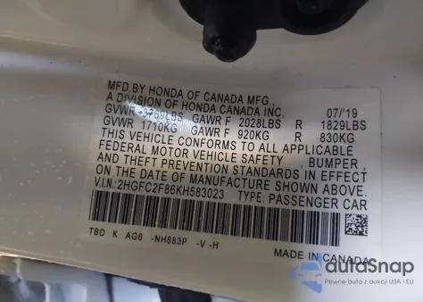 2019 Honda Civic Sport from USA, damaged, VIN 2HGFC2F86KH583023